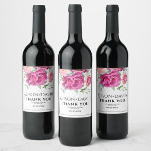 Branches, pink rose flowers and typography wedding wine label