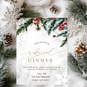 Branches Red Berries Snowflake Rehearsal Dinner Invitation