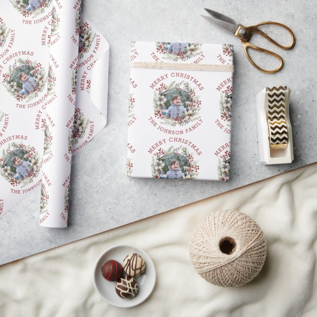 Branches white flowers and berries photo Christmas Wrapping Paper (Crafts)