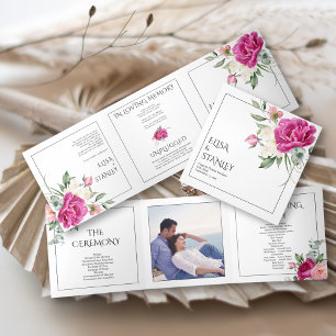 Branches with pink rose flowers floral wedding Tri-Fold programme