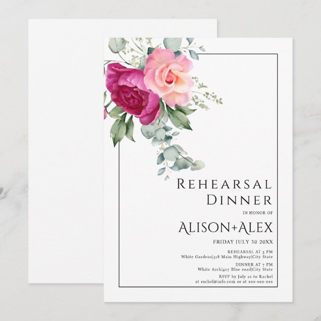 Branches with pink rose flowers rehearsal dinner invitation (Front/Back)