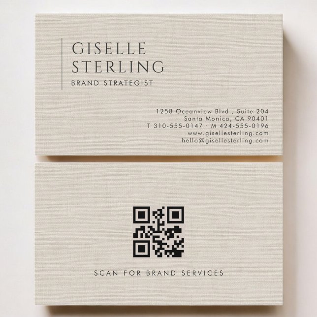 Brand Strategist Luxury Neutral Linen QR Code Business Card (Creator Uploaded)