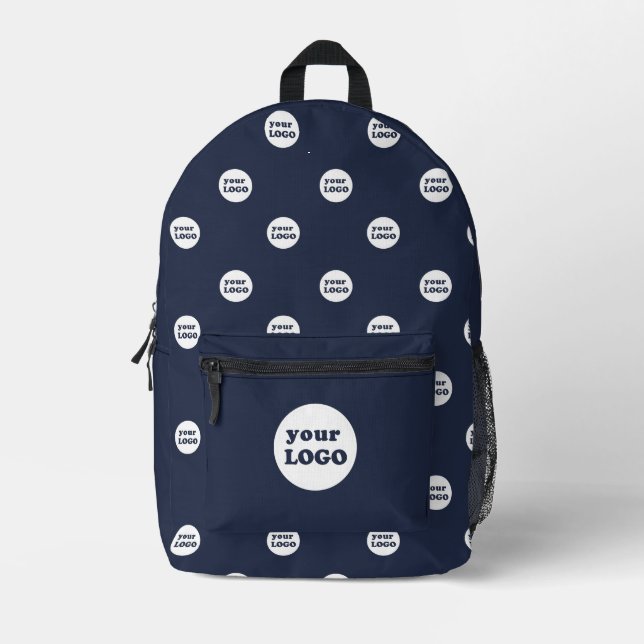 Branded Custom Business Logo Pattern Navy Blue Printed Backpack (Front)