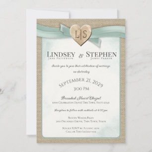 Branded Heart and Ribbon Sage Green Wedding Invitation