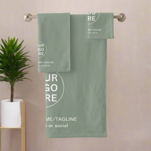 Branded Logo & Text  Sage Green Business Promotion Bath Towel Set (Creator Uploaded)