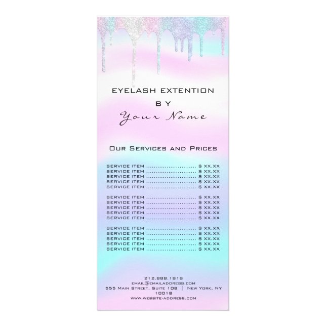 Branding Price List Lash Extension Holograph Pink Rack Card (Front)