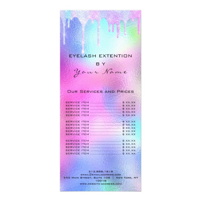 Branding Price List Lash Extension Holograph Pink Rack Card (Front)