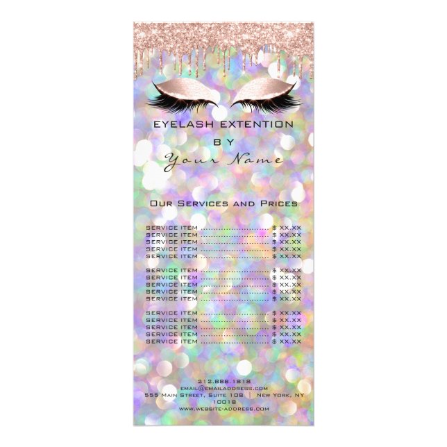 Branding Price List Lashes Eyes Drips Holographic Rack Card (Front)