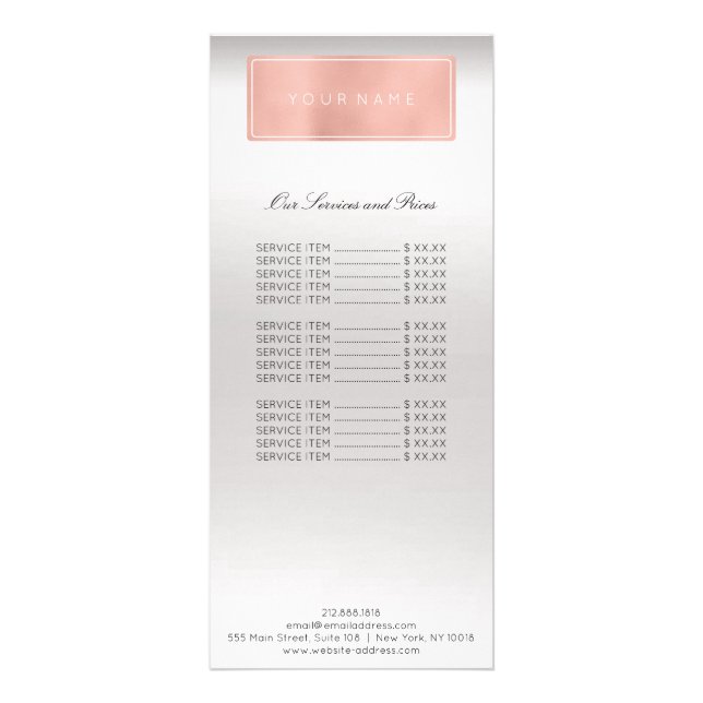 Branding Price List Pink Rose Gold Silver Ombre Rack Card (Front)