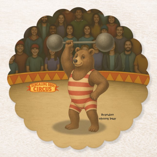 Brandon, circus strong bear paper coaster (Front)