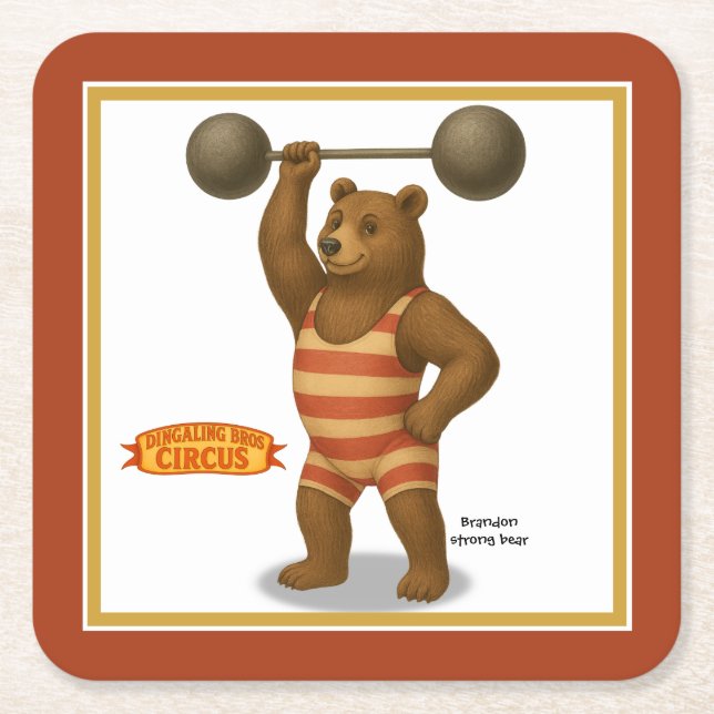 Brandon, circus strong bear square paper coaster (Front)
