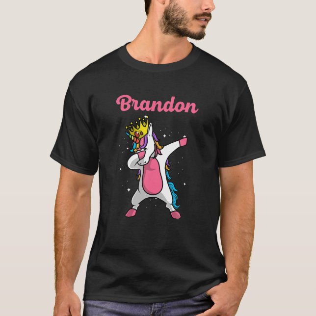 BRANDON Name Personalised Birthday Dabbing Unicorn T-Shirt (Front)