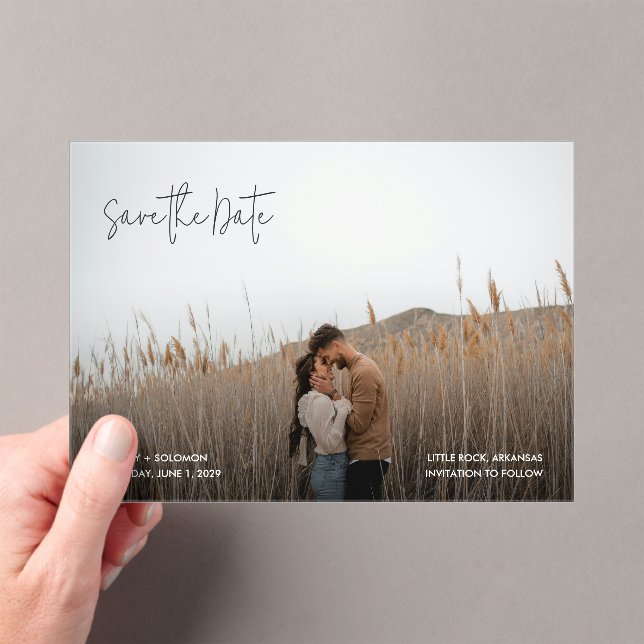 Brandy Simple Photo Modern Wedding Save the Date Acrylic Invitations (Insitu (Handheld))