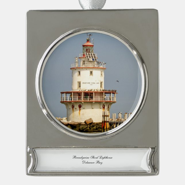 Brandywine Shoal Lighthouse Silver Plated Banner Ornament (Front)