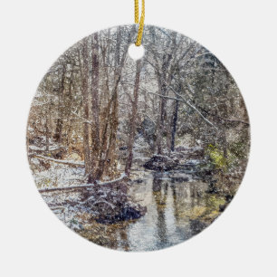 Branson Fall Creek Winter Snow Painterly Ceramic Tree Decoration