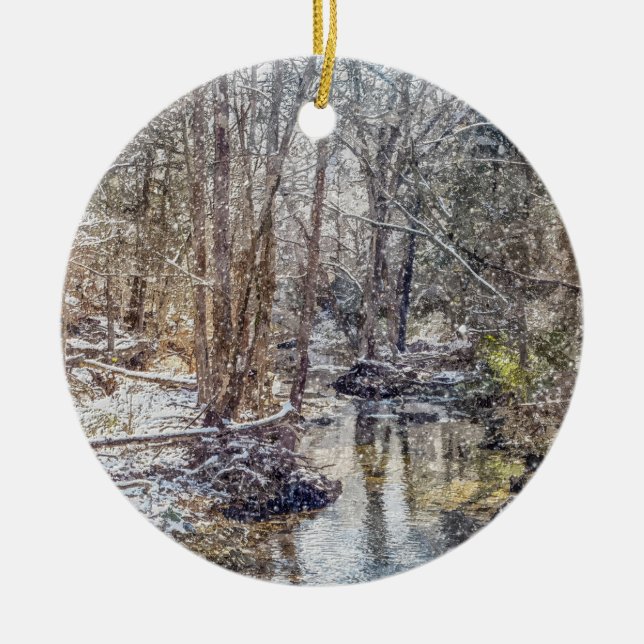 Branson Fall Creek Winter Snow Painterly Ceramic Tree Decoration (Front)