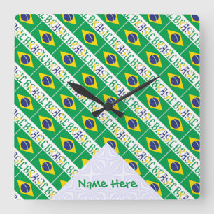 Brasil and Brazilian Flag Tiled with Your Name Square Wall Clock