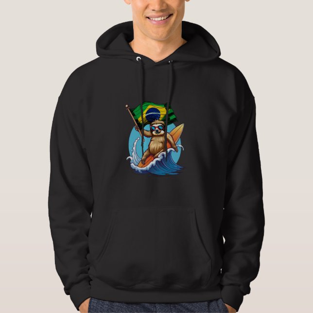 Brasil Flag Sloth Surfing Brazilian Pride Brasilia Hoodie (Front)
