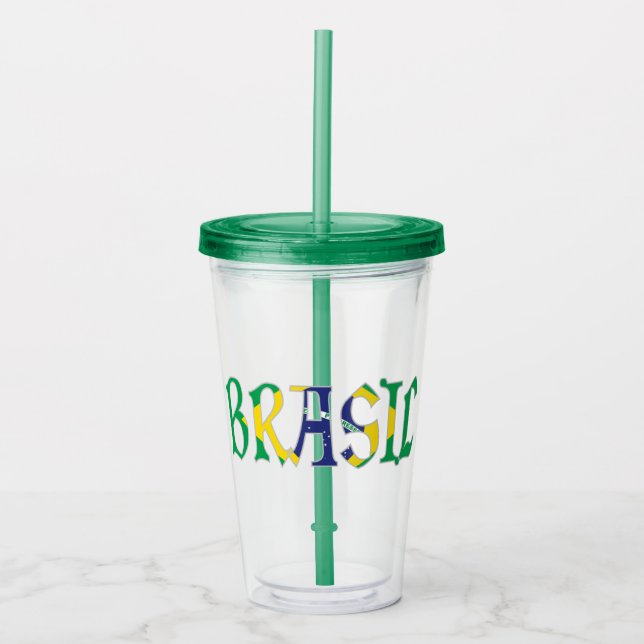 Brasil in Portuguese in Flag Colours Acrylic Tumbler (Front)