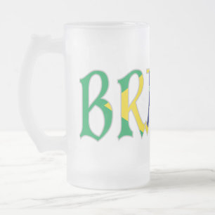 Brasil in Portuguese in Flag Colours Frosted Glass Beer Mug