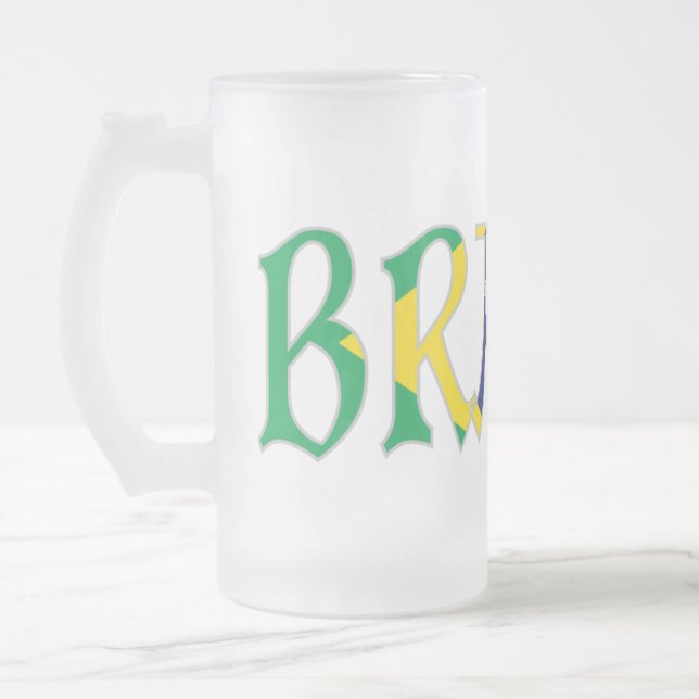 Brasil in Portuguese in Flag Colours Frosted Glass Beer Mug (Left)