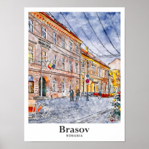 Brasov Romania Travel Watercolor Hand Drawn Poster