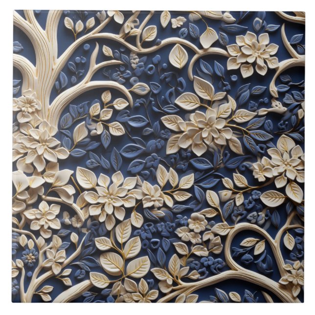 Brass Flower Tree, Golden and Blue Mural, Relief Tile (Front)