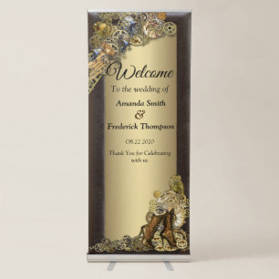 Brass Steampunk sculptures in a leather frame Retractable Banner