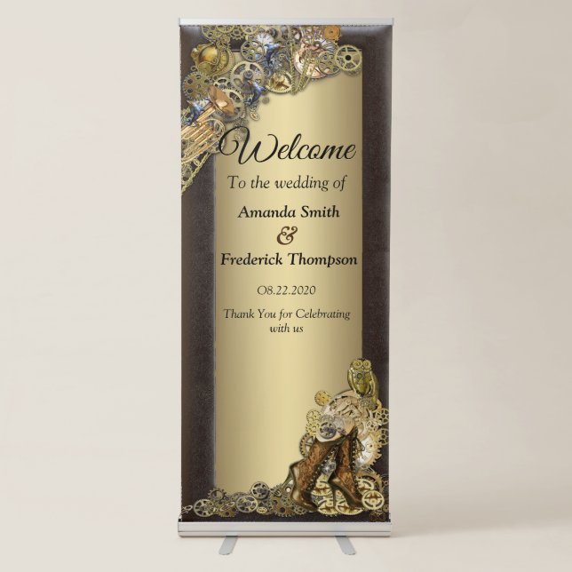 Brass Steampunk sculptures in a leather frame Retractable Banner (Front)