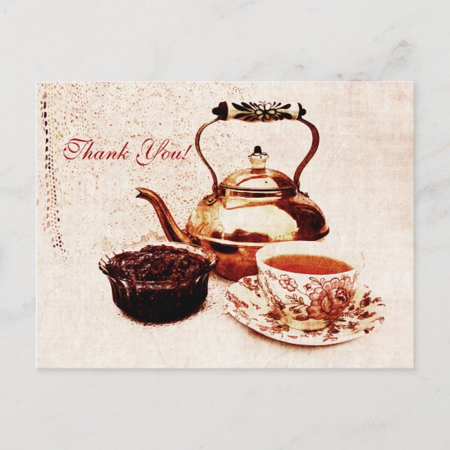 brass tea-pot, a cup of tea and jam tank you postcard (Front)