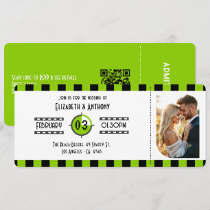 Brat Green, Black & White Cinema Ticket Wedding Invitation