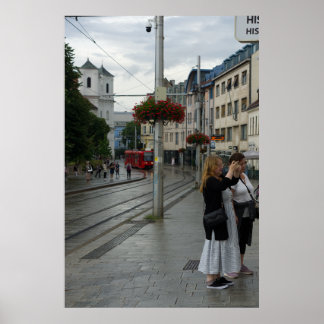 Bratislava Cathedral and Red Tram Street Scene Poster