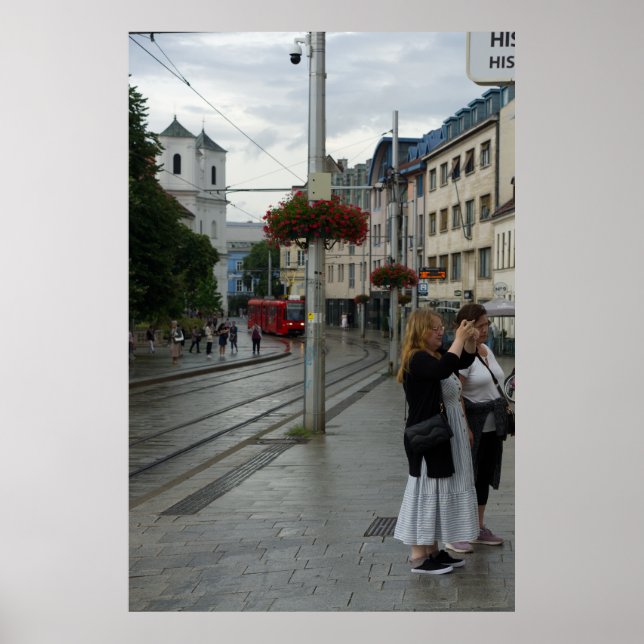 Bratislava Cathedral and Red Tram Street Scene Poster (Front)