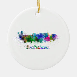 Bratislava skyline in watercolor ceramic tree decoration