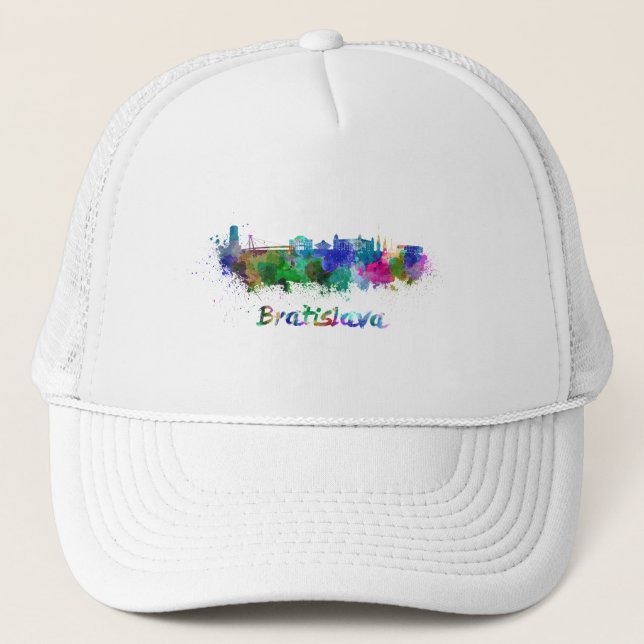 Bratislava skyline in watercolor trucker hat (Front)