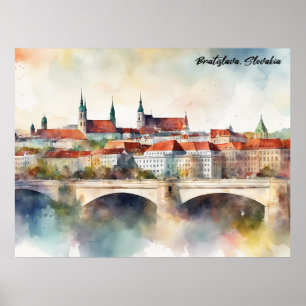 Bratislava Slovakia Watercolor Painting Panorama Poster