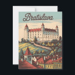 Bratislava vintage postcard<br><div class="desc">Step into the historic charm of Bratislava with this vintage-style postcard featuring the iconic Bratislava Castle perched above the city. The design captures the timeless beauty of Slovakia’s capital,  blending its mediaeval heritage with picturesque views of the Danube River. A perfect keepsake for collectors of European vintage travel art.</div>