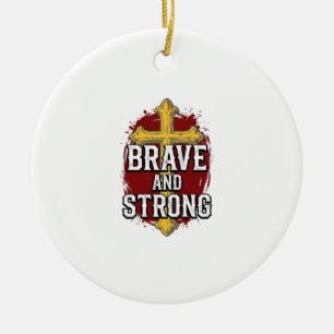 Brave and Strong Vintage Cross Shirt Design_1 Ceramic Tree Decoration
