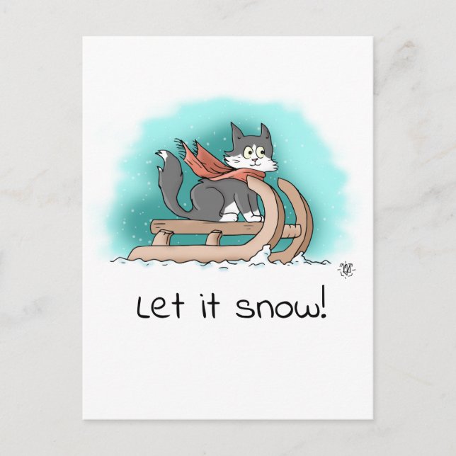Brave Black and White Cartoon Cat on Sled in Snow Postcard (Front)