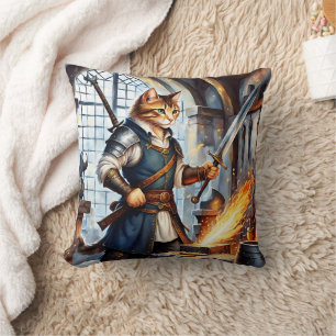 Brave Cat Blacksmith Forging a Sword in Workshop Cushion