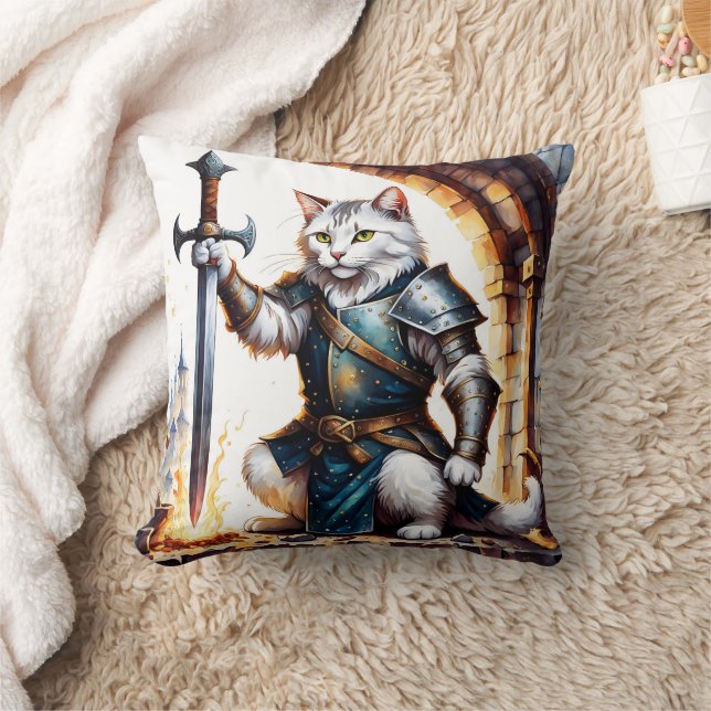 Brave Cat Knight in Armour With Sword Cushion (Blanket)