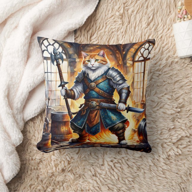 Brave Cat Knight in Mediaeval Setting Cushion (Blanket)