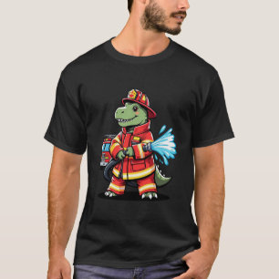 Brave Dino Firefighter Cartoon T-Shirt
