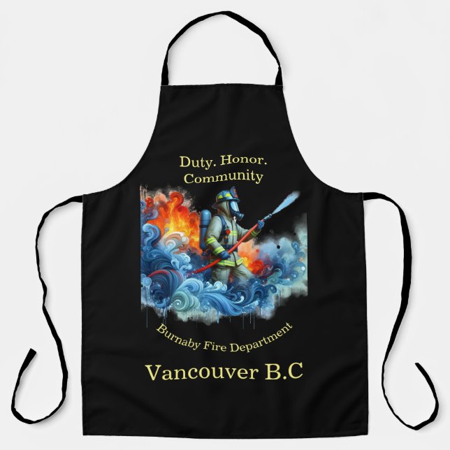 Brave firefighter battling flames with water waves apron (Front)