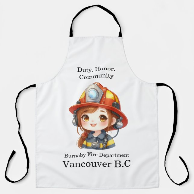 Brave firefighter girl in bright gear apron (Front)