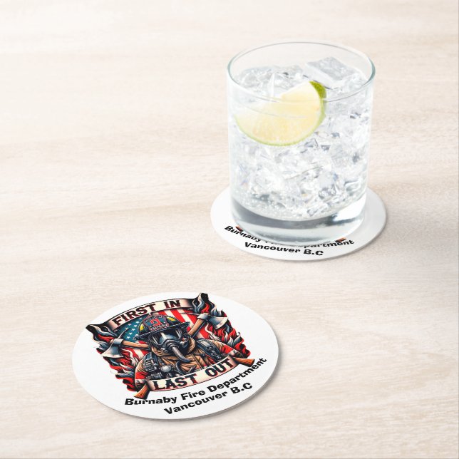 Brave firefighter stands proud round paper coaster (Insitu)