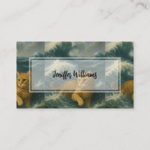 Brave Ginger Cat Riding Ocean Waves Business Card