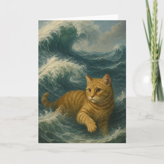 Brave Ginger Cat Riding Ocean Waves                Card (Front)