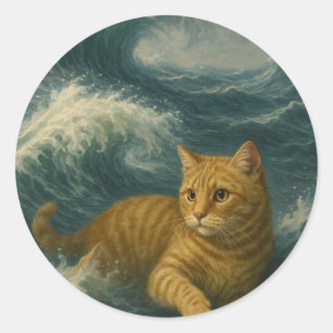 Brave Ginger Cat Riding Ocean Waves Classic Round Sticker