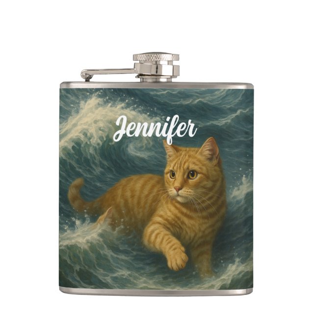 Brave Ginger Cat Riding Ocean Waves                Hip Flask (Front)